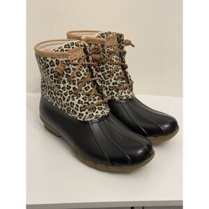 New 6.5 Sperry Women's Saltwater Animal Leopard Print Duck Boots STS8519
